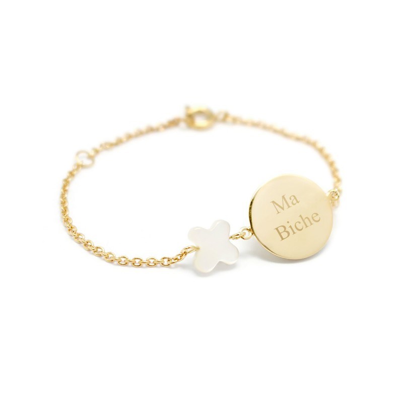 Bracelet chaine médaille nacre papillon plaqué or enfant - gravure MA BICHE