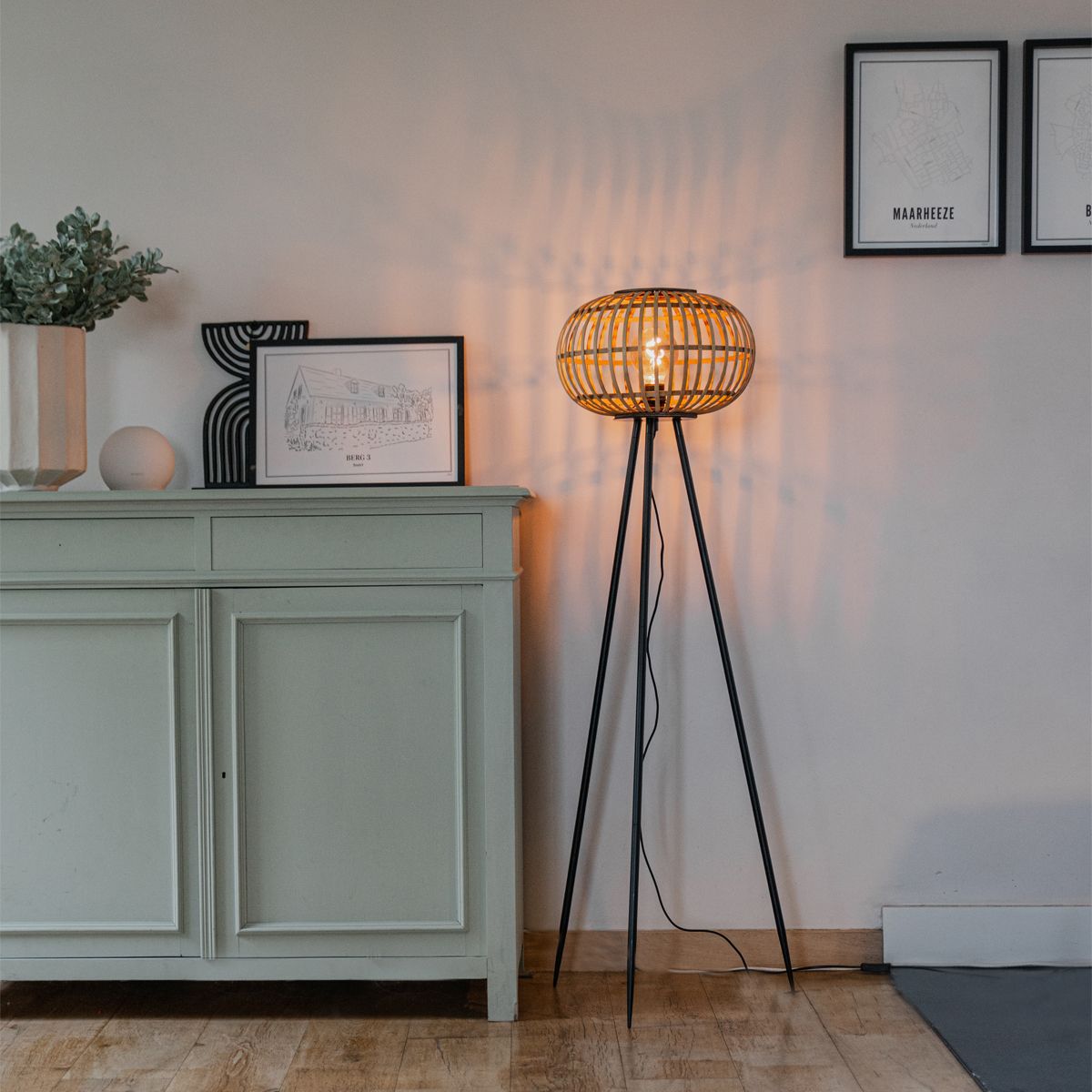 Oosterse tripod vloerlamp bamboe - Amira