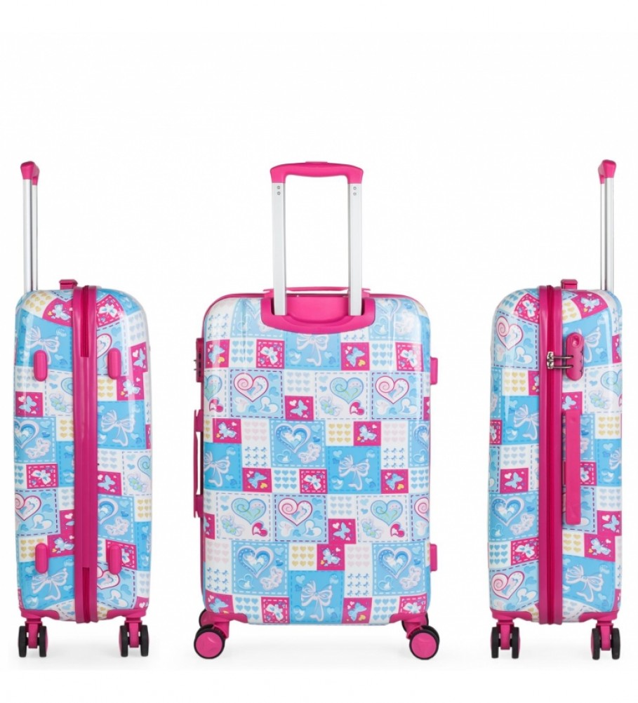 Mala de viagem infantil ITACA para meninas, estampa azul e fúcsia - 67x45x24cm -