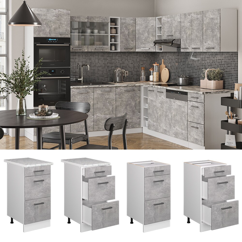 Vicco Schubladenunterschrank Küchenschrank Küchenzeile R-Line 40 cm Weiß Beton Schublade