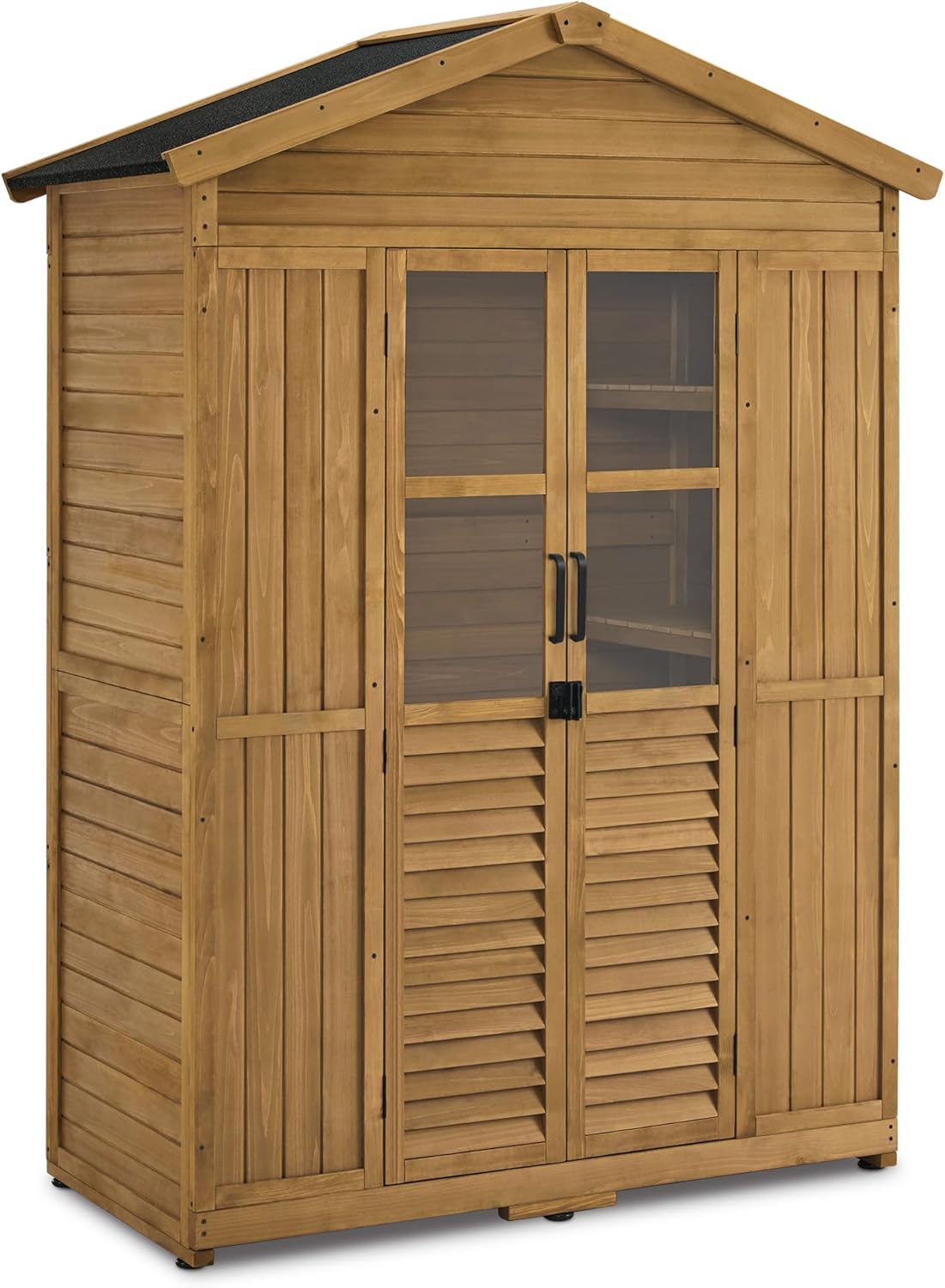 M MCombo Gartenschrank Gartenhaus Holz Wetterfest, Geräteschrank Holzschrank Outdoor Wasserdicht Begehbar, für Außenbereich Balkon Terrasse, Gerätehaus mit 6 Feste Regale 74×143×200 cm (Natur)
