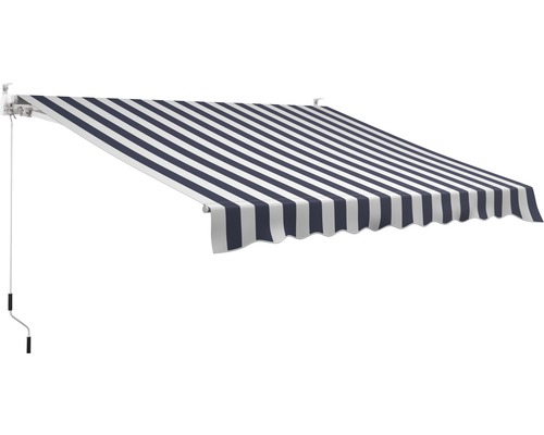 Knikarmscherm 3x2,5, gestreept doek blauw/wit, frame RAL 9003 signaalwit