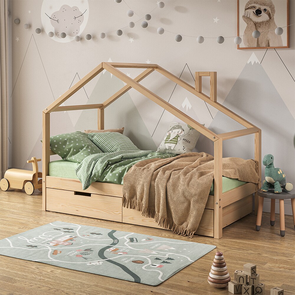 VitaliSpa Kinderbett Lori 160x80cm Natur Hausbett inkl. Matratze & Schublade