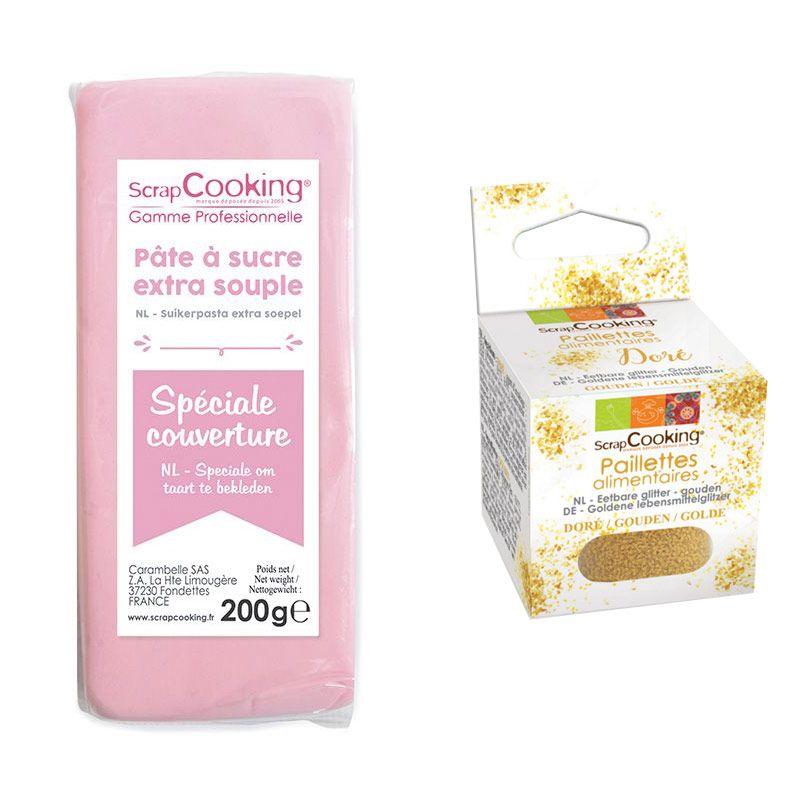 Pâte à sucre de couverture rose 200 g + paillettes dorées Scrapcooking