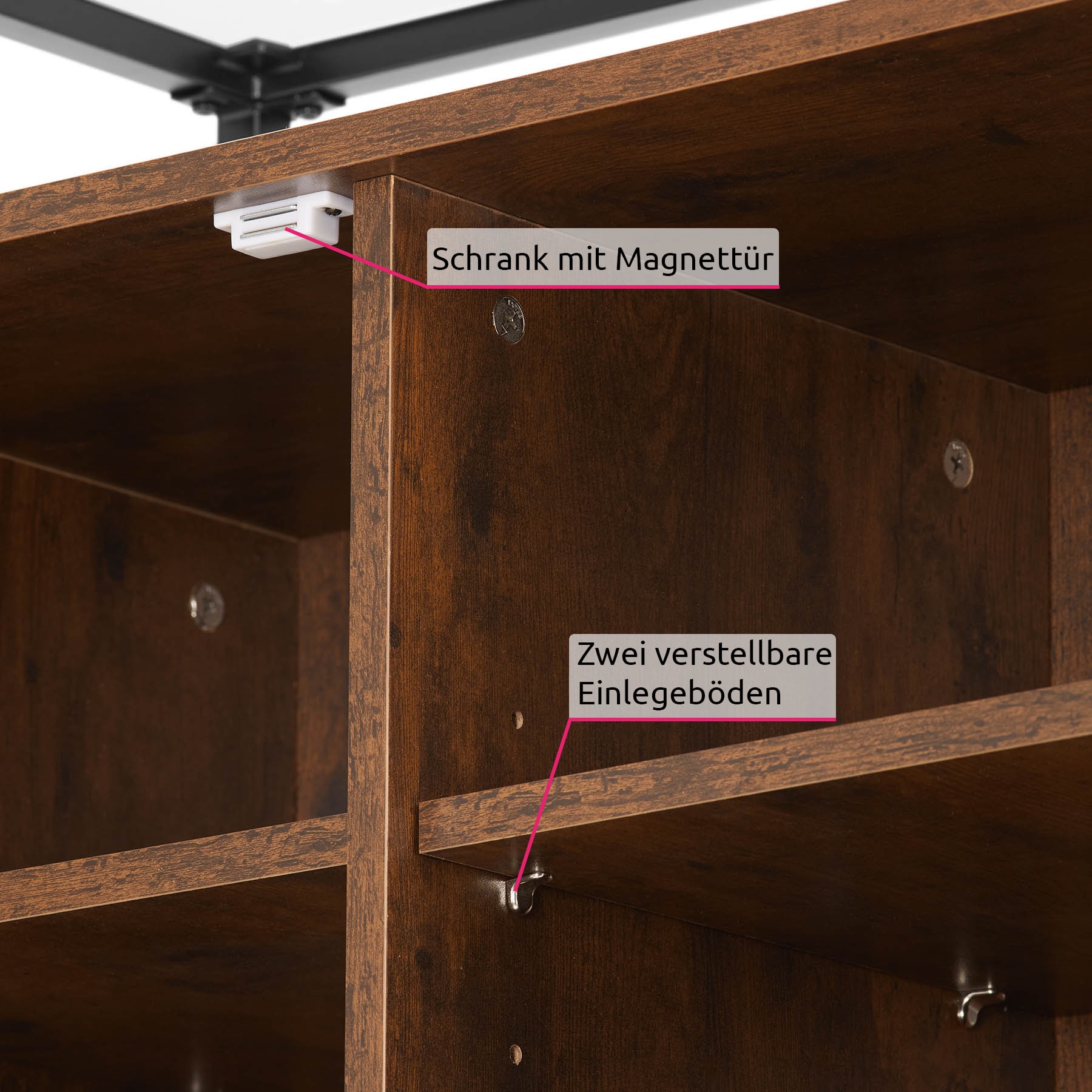 tectake® Kommode, Industrial Style, Glasplatte, offenes Fach, Staufach mit Magnettür und 2 Einlegeböden, 70 x 38 x 80,5 cm
