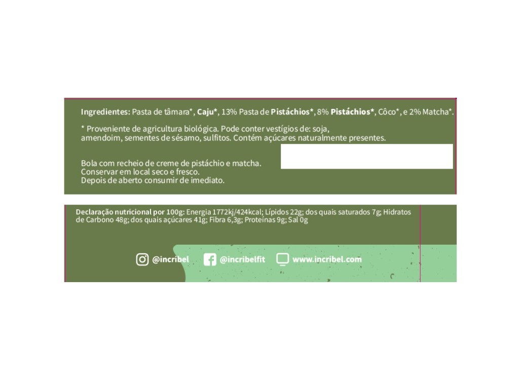 BOLA ENERGÉTICA BIO INCRÍBEL PISTÁCIO E MATCHA 30 G