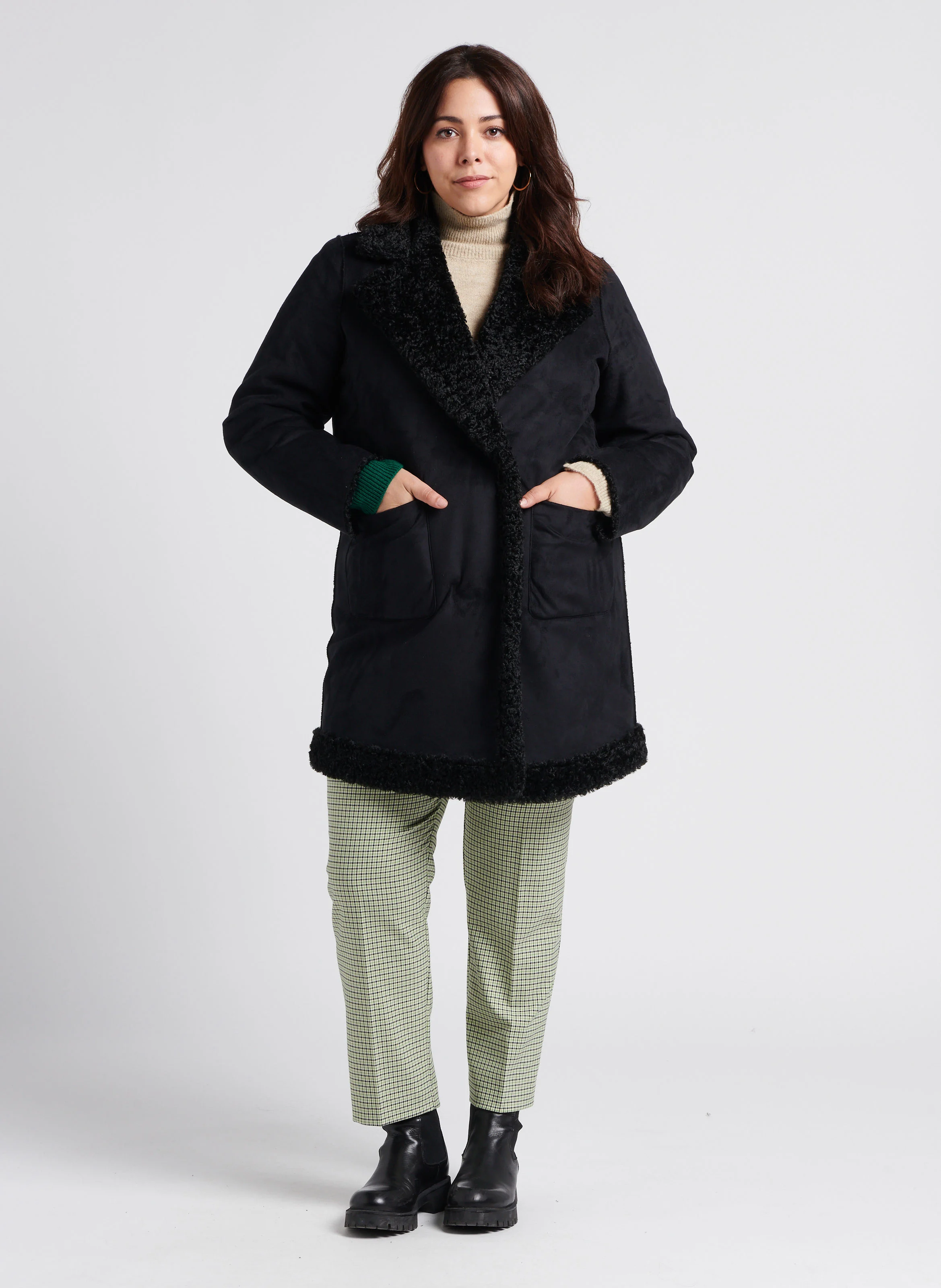 EDEN - Manteau long réversible à col peluche| Noir
