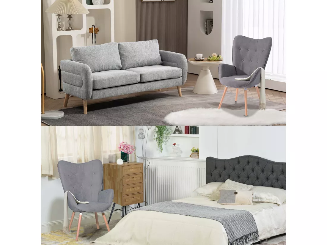 MEUBLES COSY Fauteuil Salon Scandinave Confortable Chaise de Coiffeuse Canapé de Loisirs pour Chambre Salle à Manger Bureau avec Assise Épais Accoudoirs Rembourés en Tissu Pieds Bois Massif, Gris Tissu