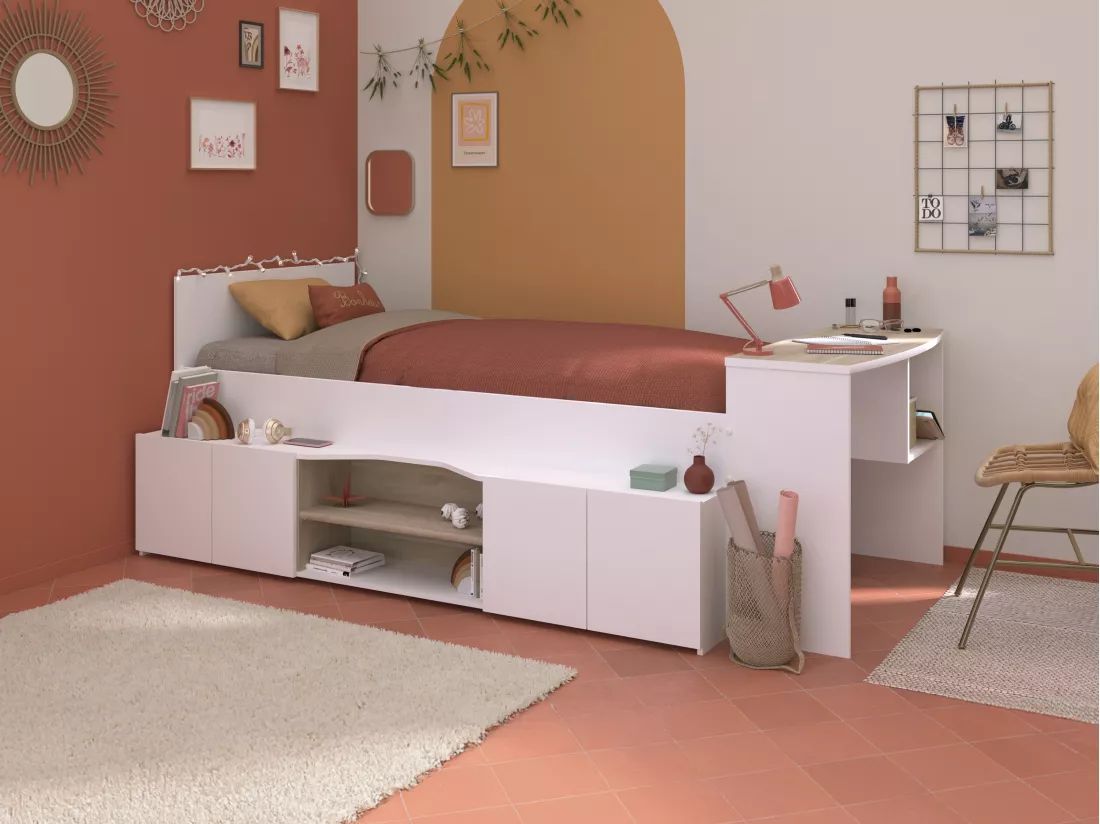 Lit combiné 90 x 190/200 cm avec bureau et rangements - Blanc et naturel + Sommier - JOCHIANE