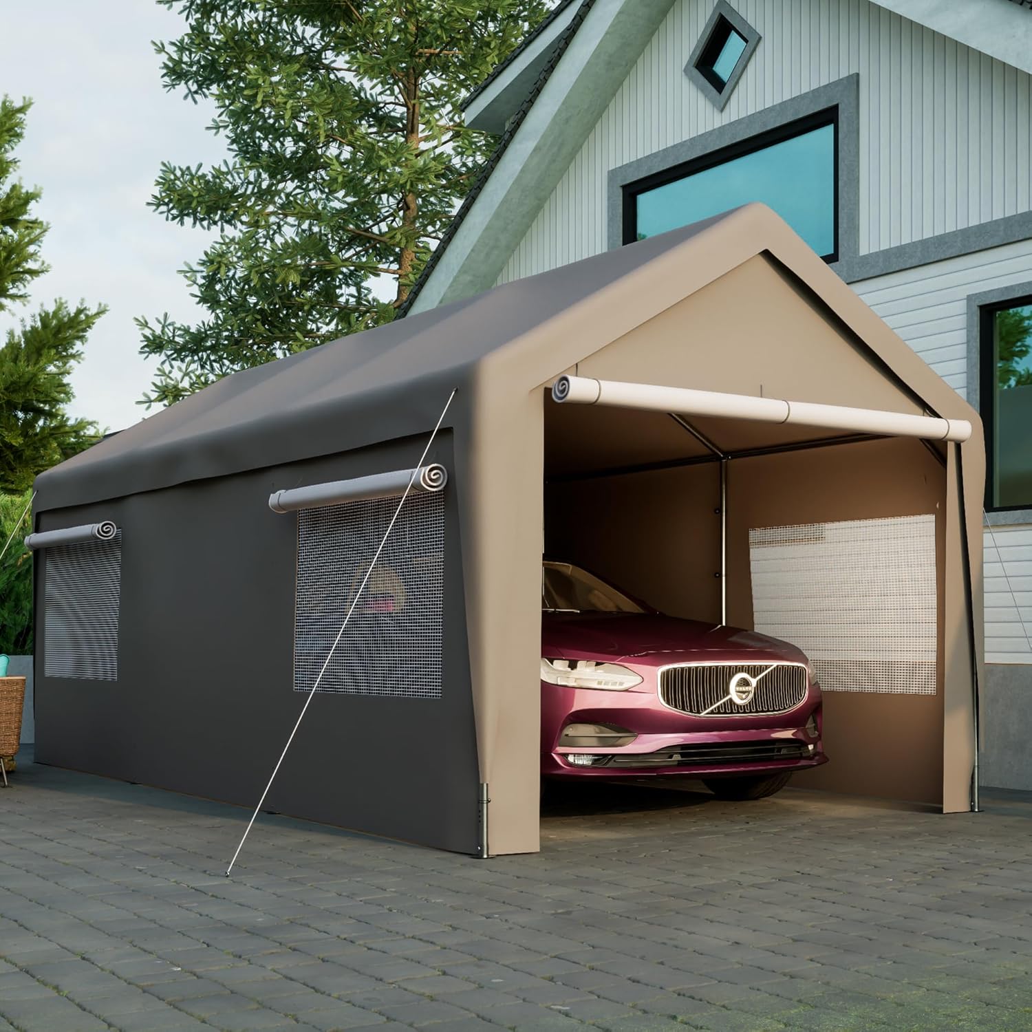 Carport Garage Zelt 3x6m, Grau – Winterfest mit Roll-Up-Fenstern, Abnehmbaren Seitenwänden & Dach – Lagerzelt, Stallzelt, Schutzabdeckung für Auto, SUV, Boot & LKW (10X20 FT Grau)