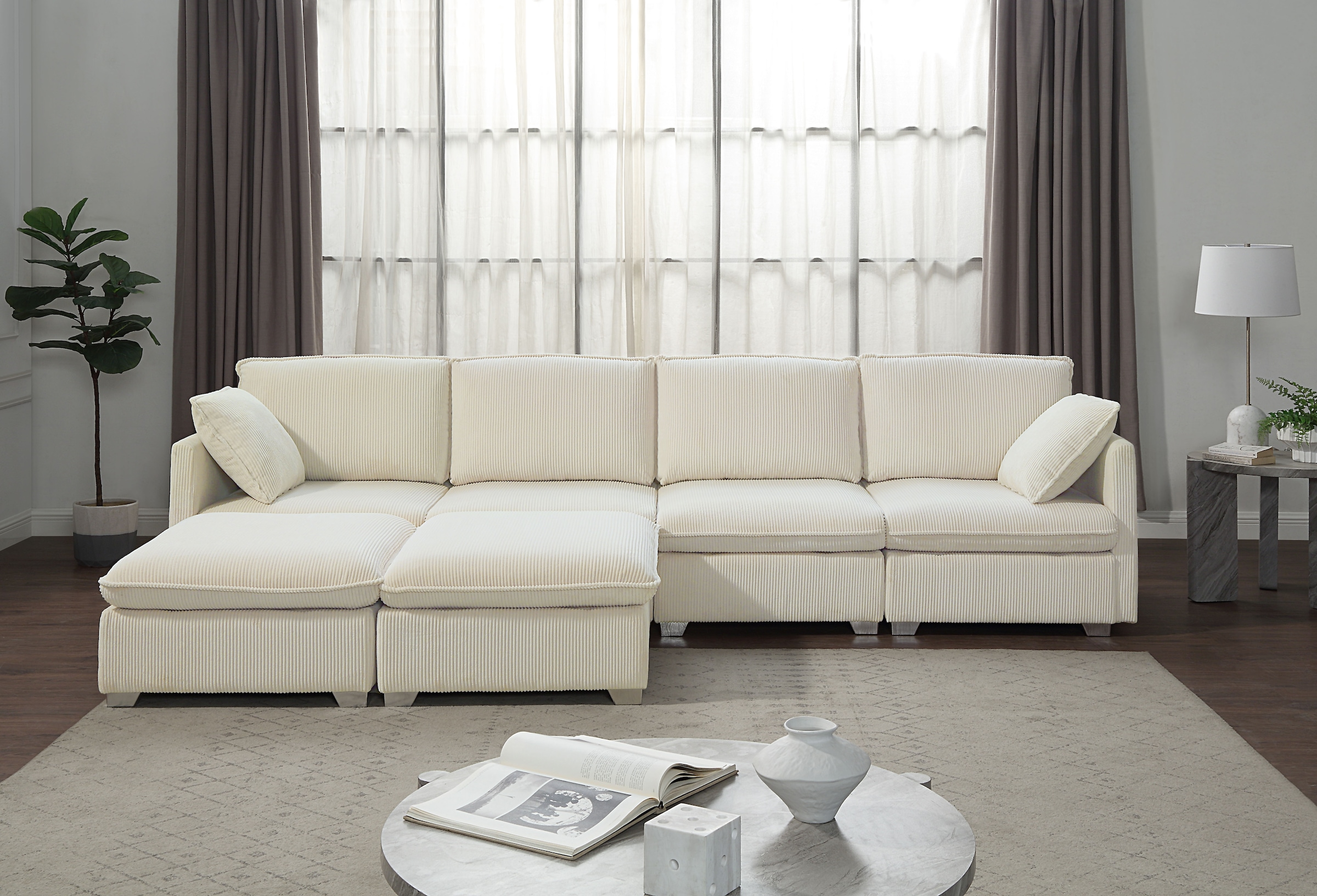 ATLANTIC home collection Wohnlandschaft modularer 4-Sitzer mit 2 Hockern, weicher Cordbezug