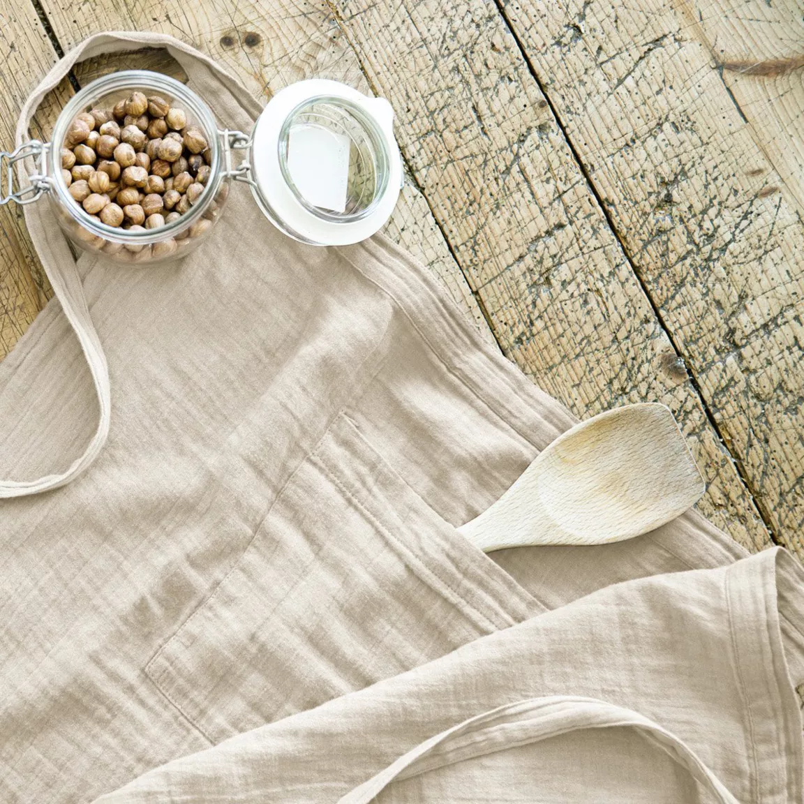 Tablier avec poches gaze de coton Gaïa Beige pampa