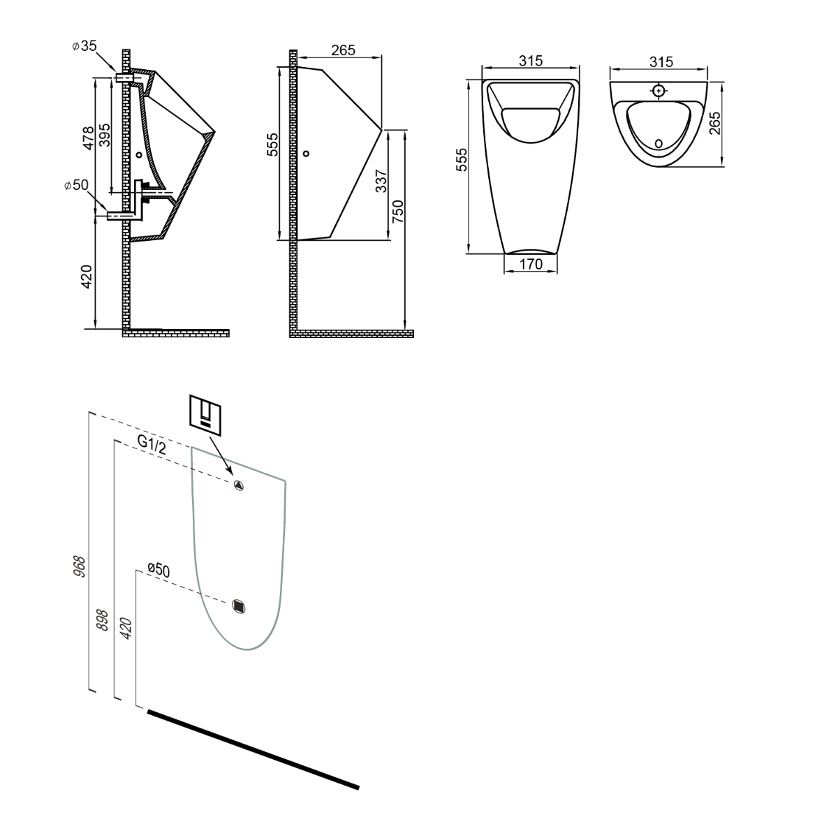 Bruckner Schwarn urinoir 31.5x26.5cm zwart mat