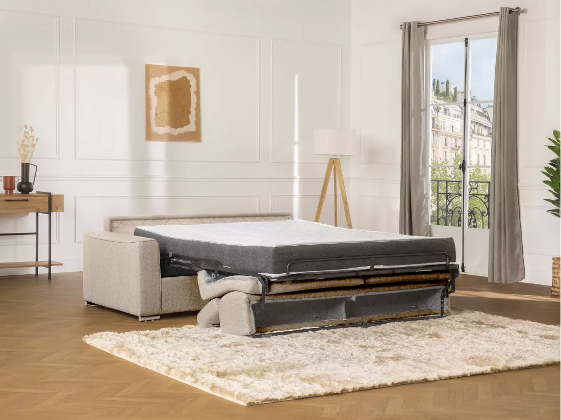 Canapé 4 places convertible express en tissu beige - couchage lattes larges 160 cm - Matelas 22 cm avec mémoire de forme VIZIR
