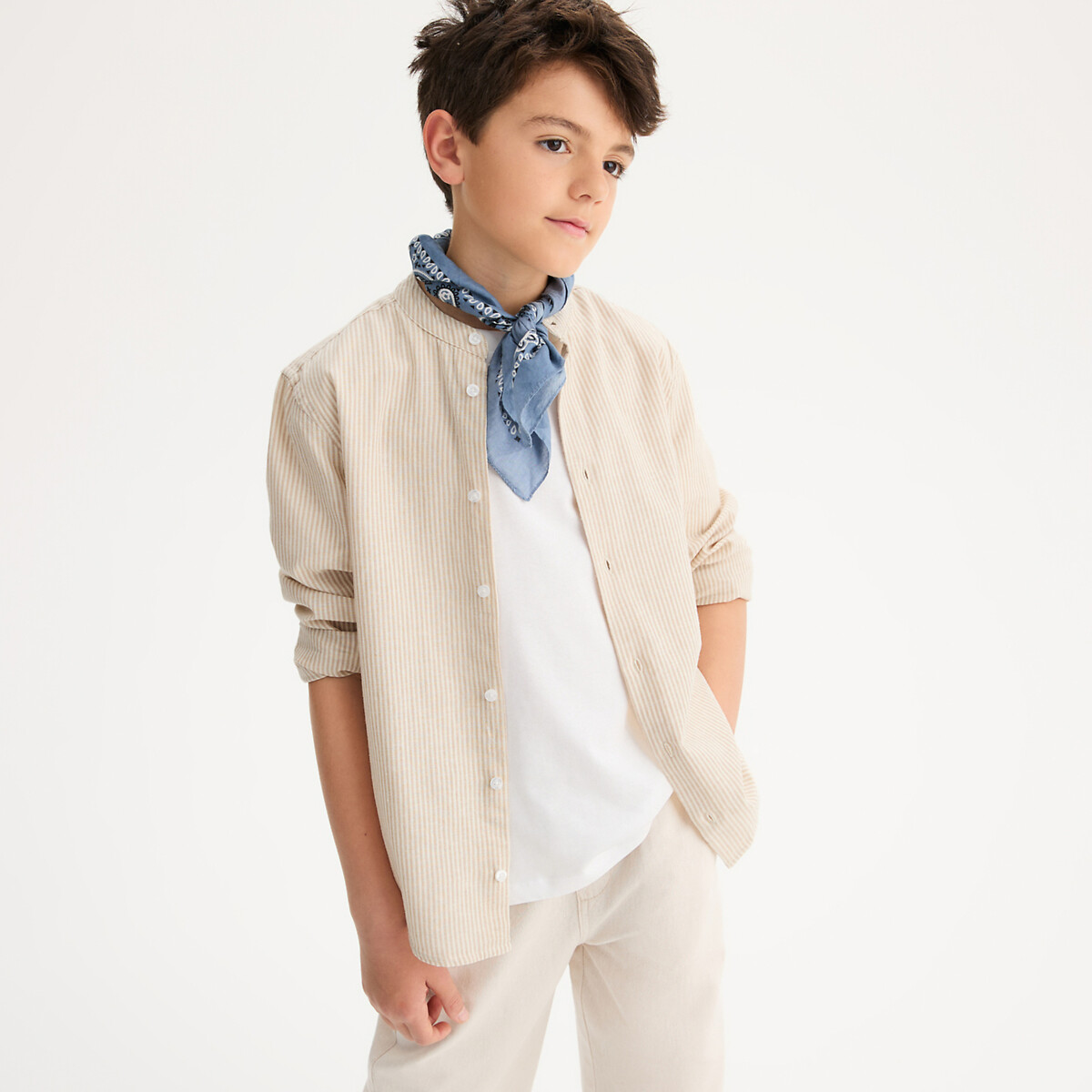 COLEÇÃO LA REDOUTE<br>Camisa listrada, gola mandarim, algodão/linho