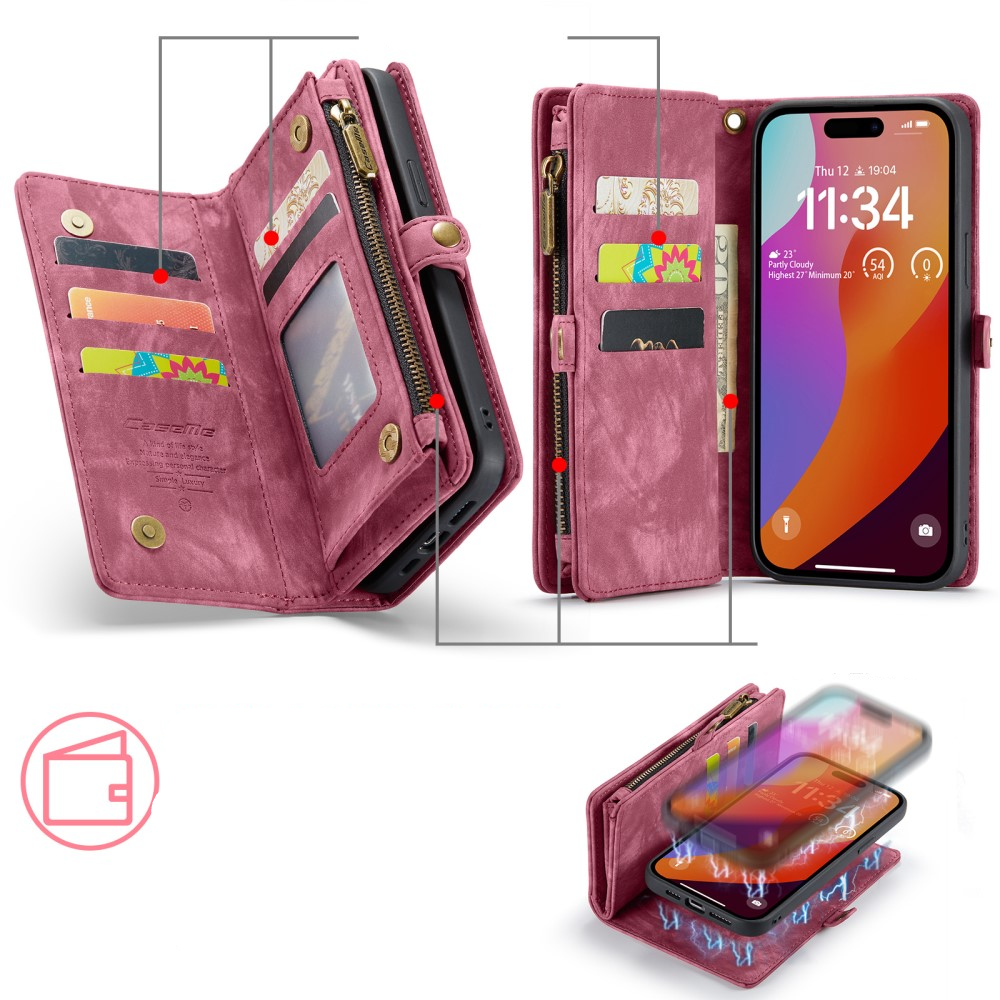 iPhone 16 Pro 2in1 Leder Tasche   Magnet Hardcase Karten Etui - Rot