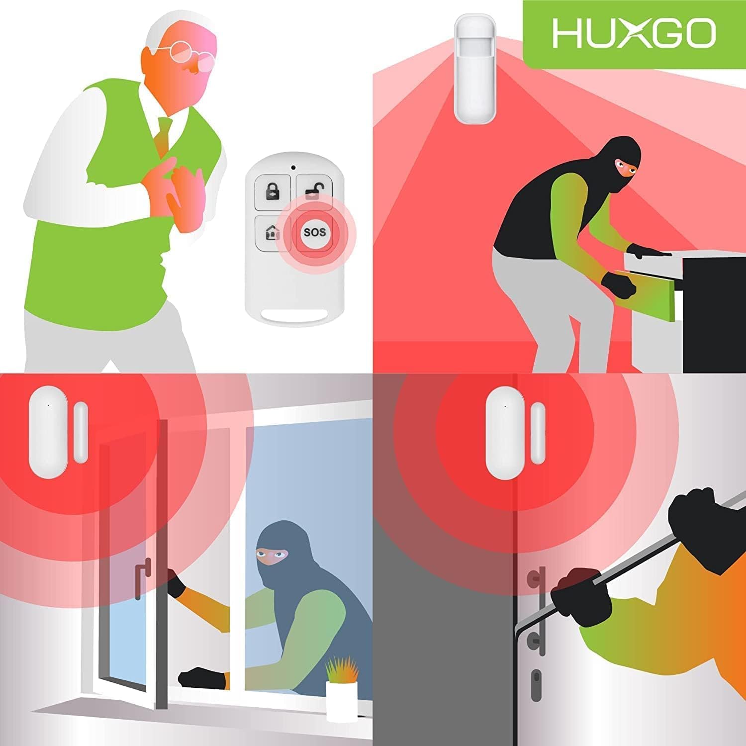 Funk Alarmanlage Set WiFi + GSM mit Alarmsirene HXA005 HUXGO® | Alarm System mit Bewegungsmelder, 12x Fensteralarm/Türsensoren | Alarmanlage fürs Haus, Wohnung, Wohnmobil | Smart Home