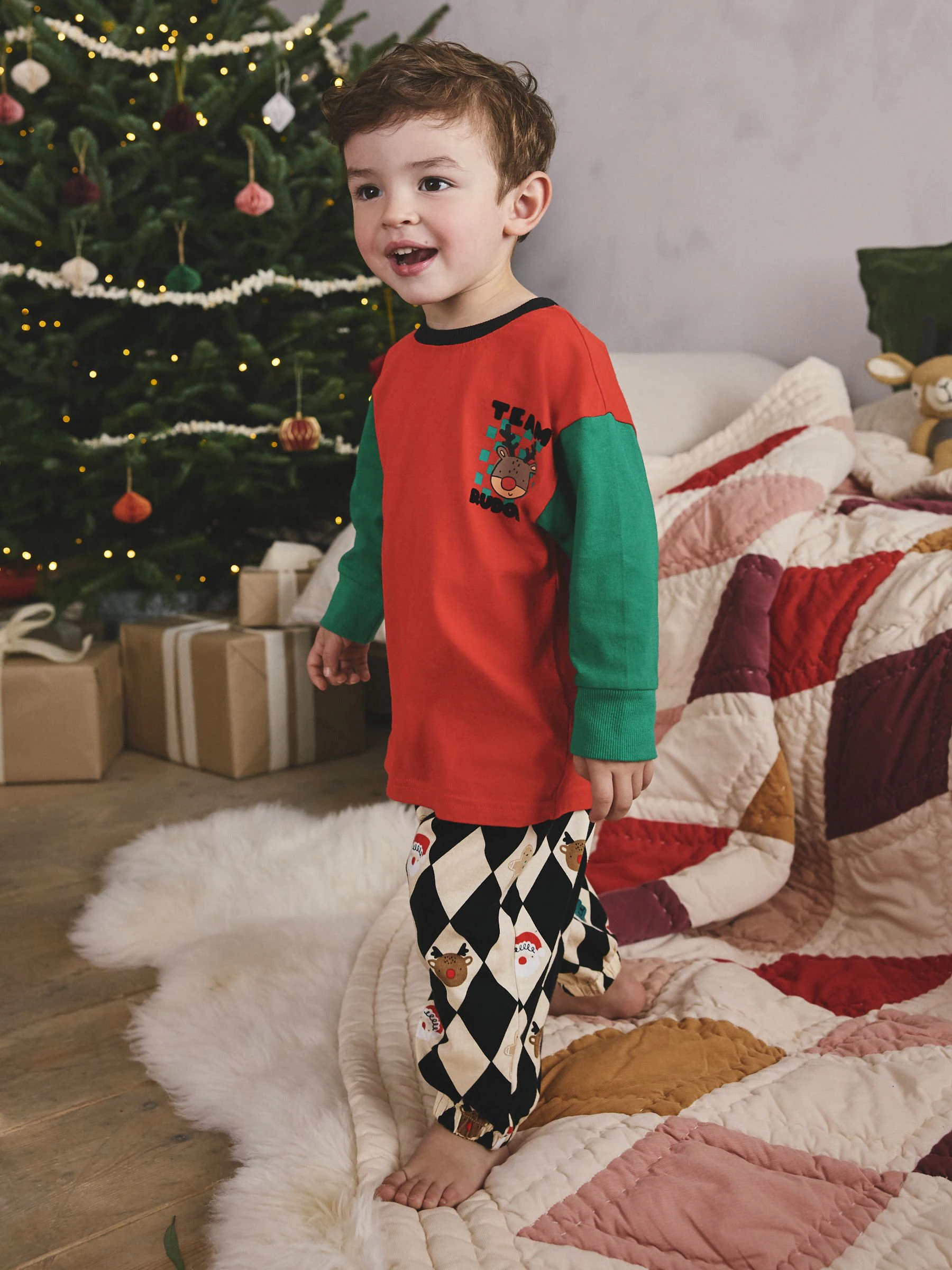 Rood/groen Harlequin - Enkele kerstpyjama (9mnd-12jr)