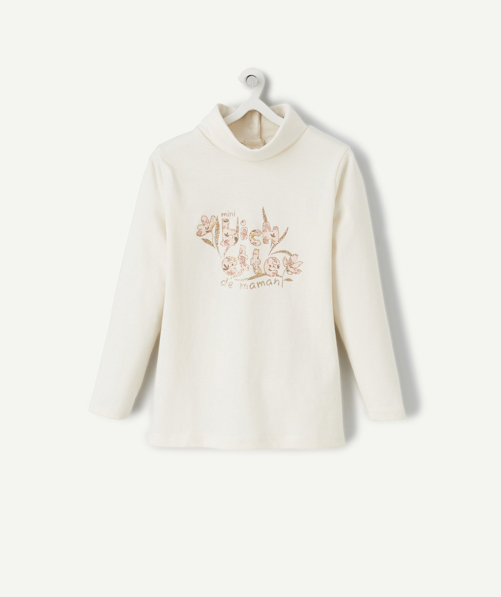 SOUS-PULL BÉBÉ FILLE COL ROULÉ EN COTON BIO ÉCRU ET MESSAGE PAILLETÉ