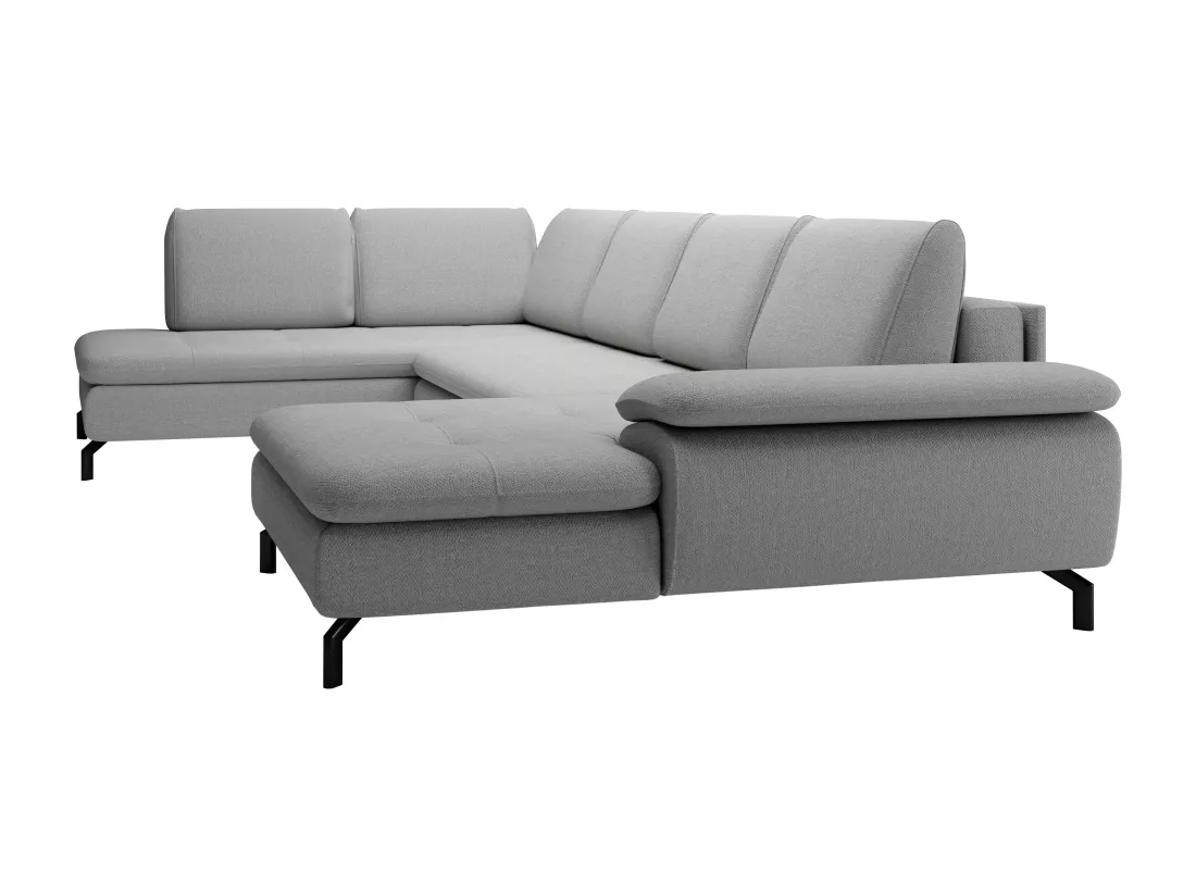 Grand canapé d'angle gauche panoramique convertible en tissu texturé gris ARCHIBALD