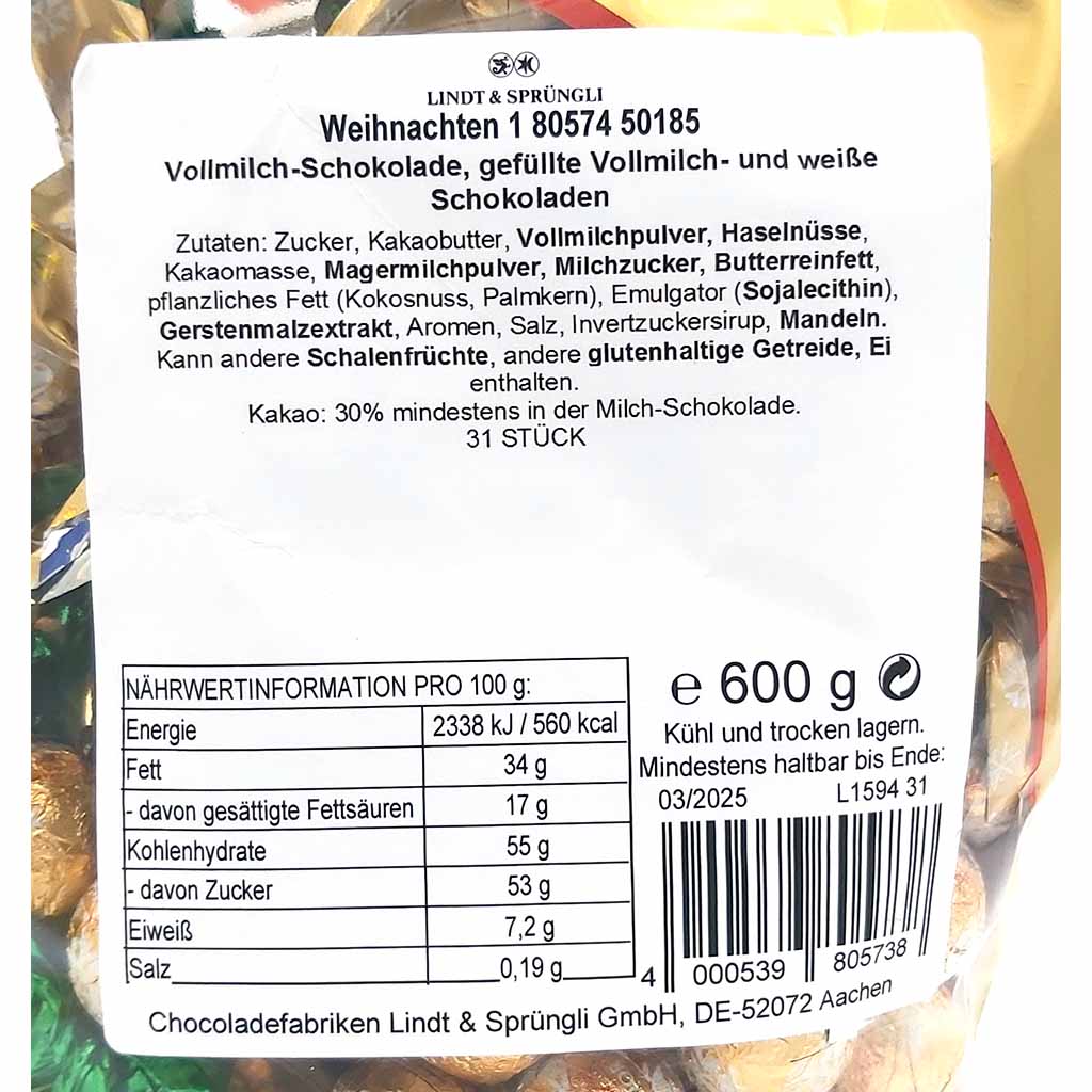 Lindt Weihnachten 1 80574 50185 Schokoladenmischung 600g MHD:30.3.25