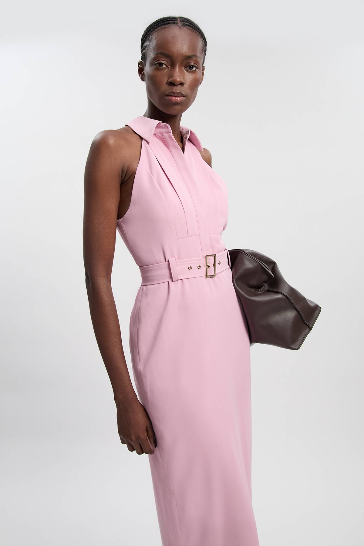 KarenMillen Robe midi en sergé à encolure halter et col contrastant