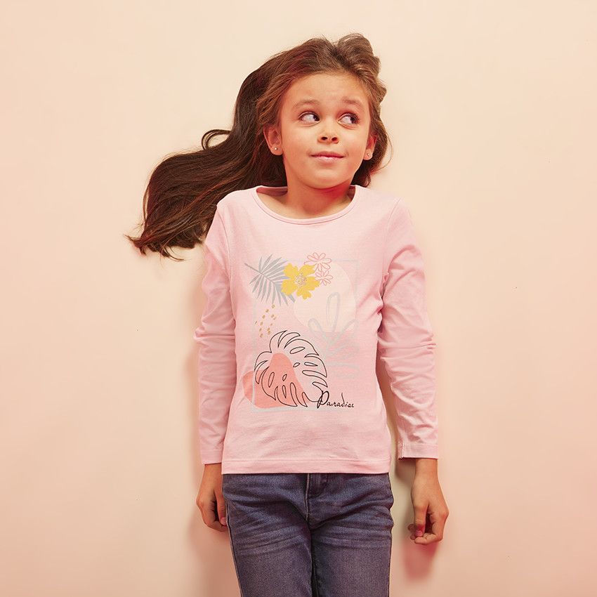 T-shirt manches longues print fantaisie pour fille - Rose
