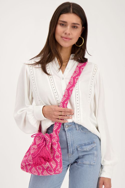 Roze ronde schoudertas met geweven Aztec print
