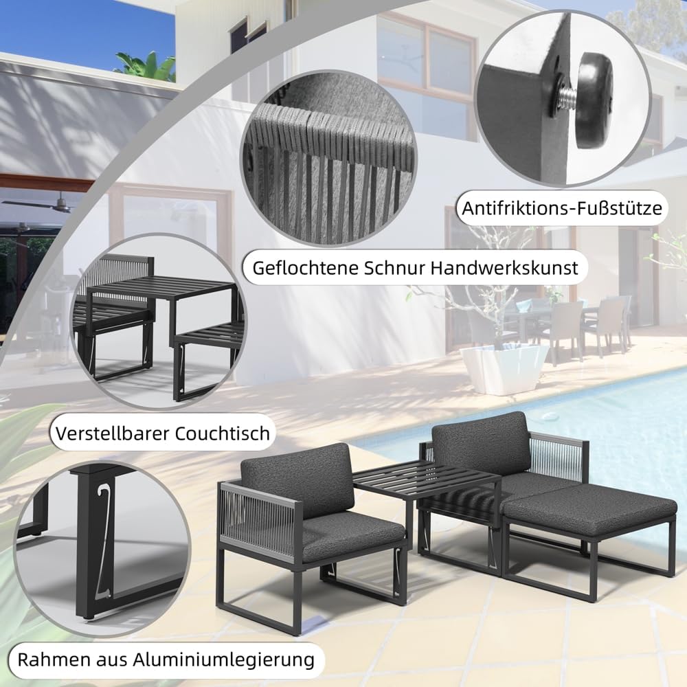 Melko Aluminium Lounge Sitzgarnitur Balkonset | wetterfest und rostfrei | Sitzgruppe variabel aufstellbare Elemente extra Dicke Wasserabweisende Kissen Essgruppe Sitzecke Outdoor