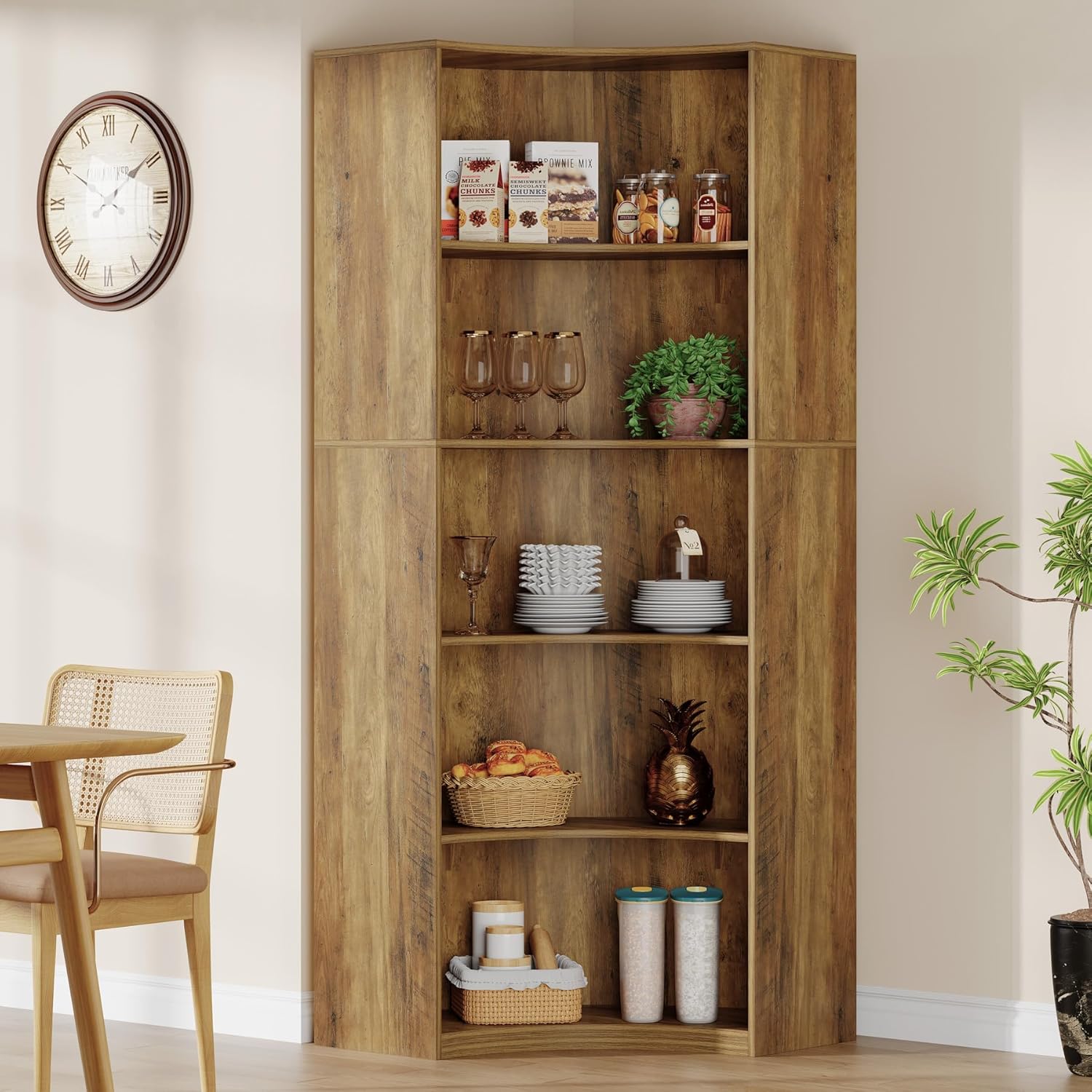 Tribesigns 6-Etagen Eckregal, 180 cm Hohes Bücherregal mit Abgerundeten Ecken, Landhausstil Sideboard für Wohnzimmer, Schlafzimmer, Küche oder Homeoffice (Rustikales Braun)