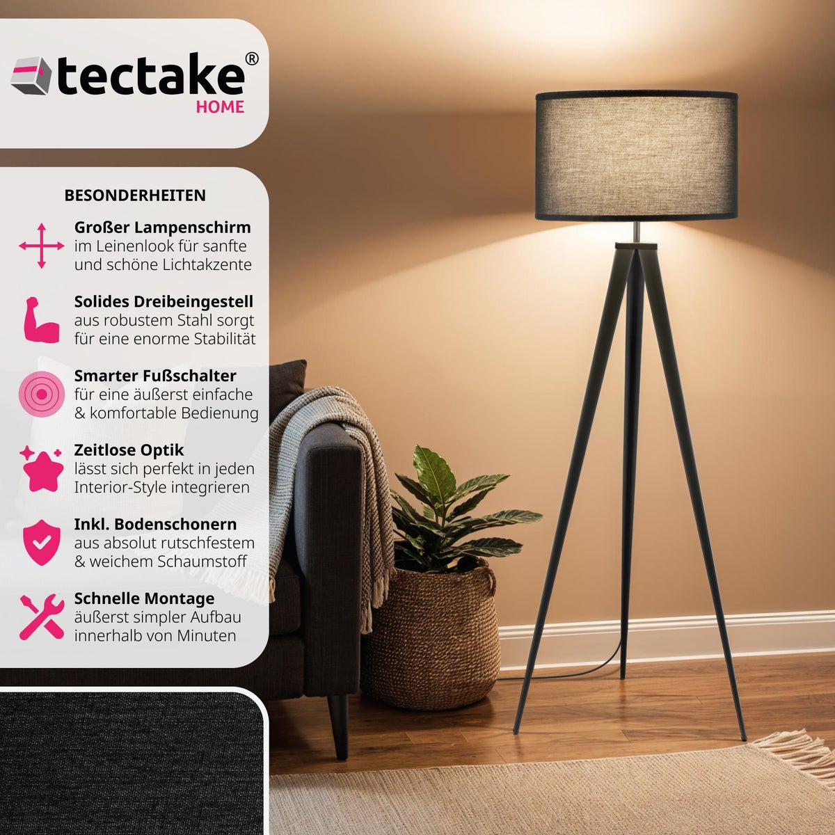 tectake Lunaris vloerlamp, statiefvoet van staal, 60 W, 57 x 57 x 158 cm