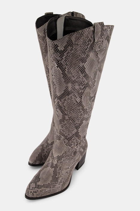 Lederstiefel, XXL-Schaft, Schlangenlederoptik, Weite H