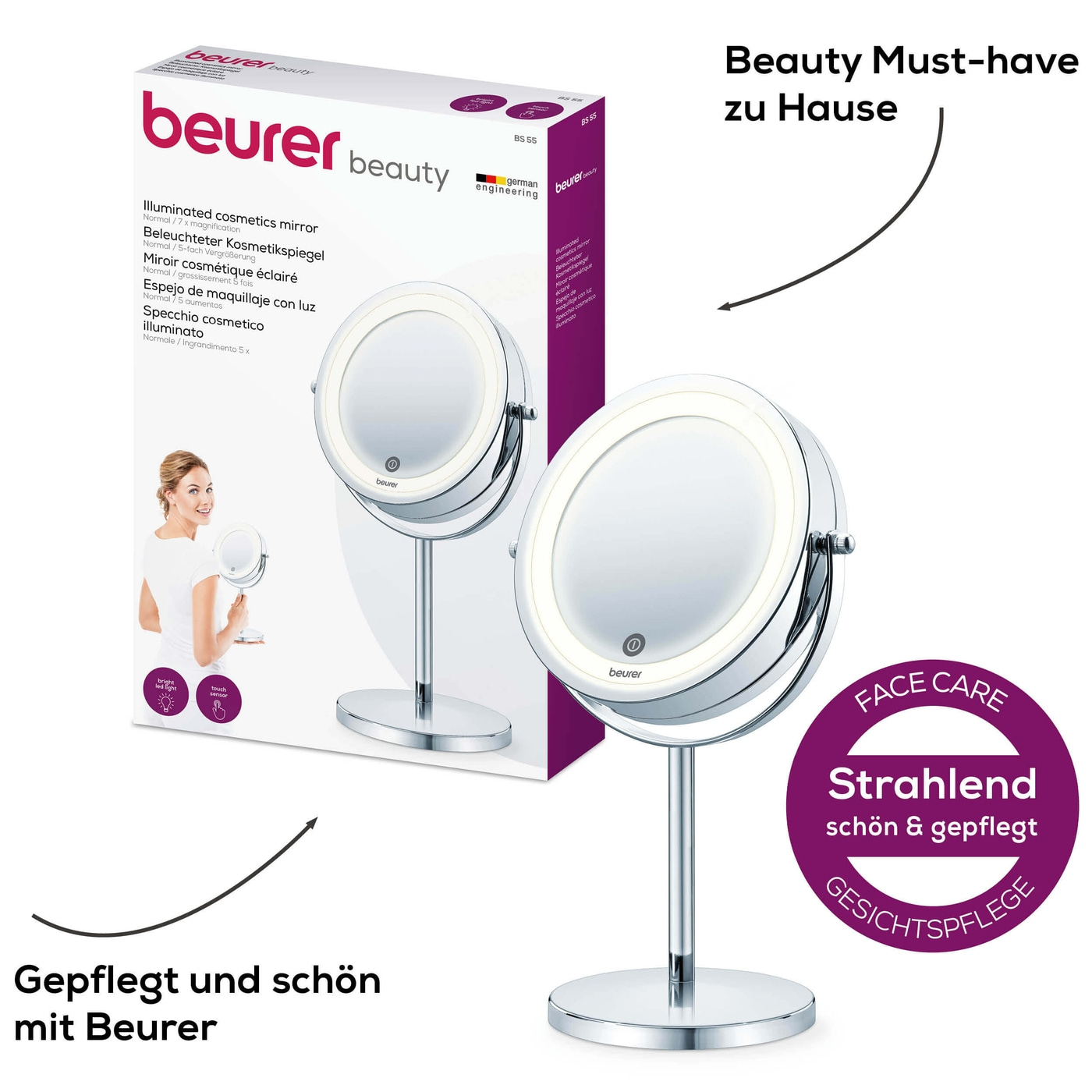 BS 55 Beleuchteter Kosmetikspiegel LED Standspiegel Doppelseitig Batteriebetrieben (65486) - Weiss / Silber