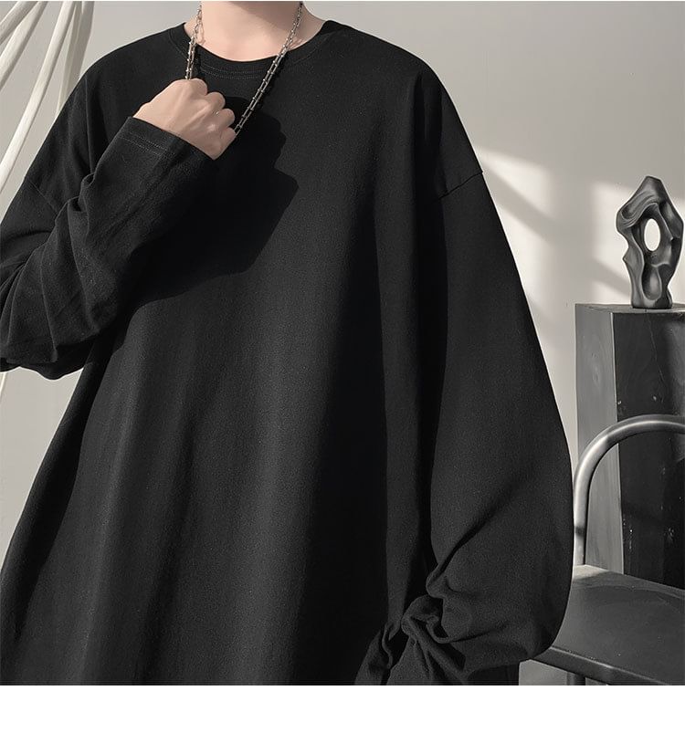FOEV - T-shirt met lange mouwen, ronde hals en effen oversized print