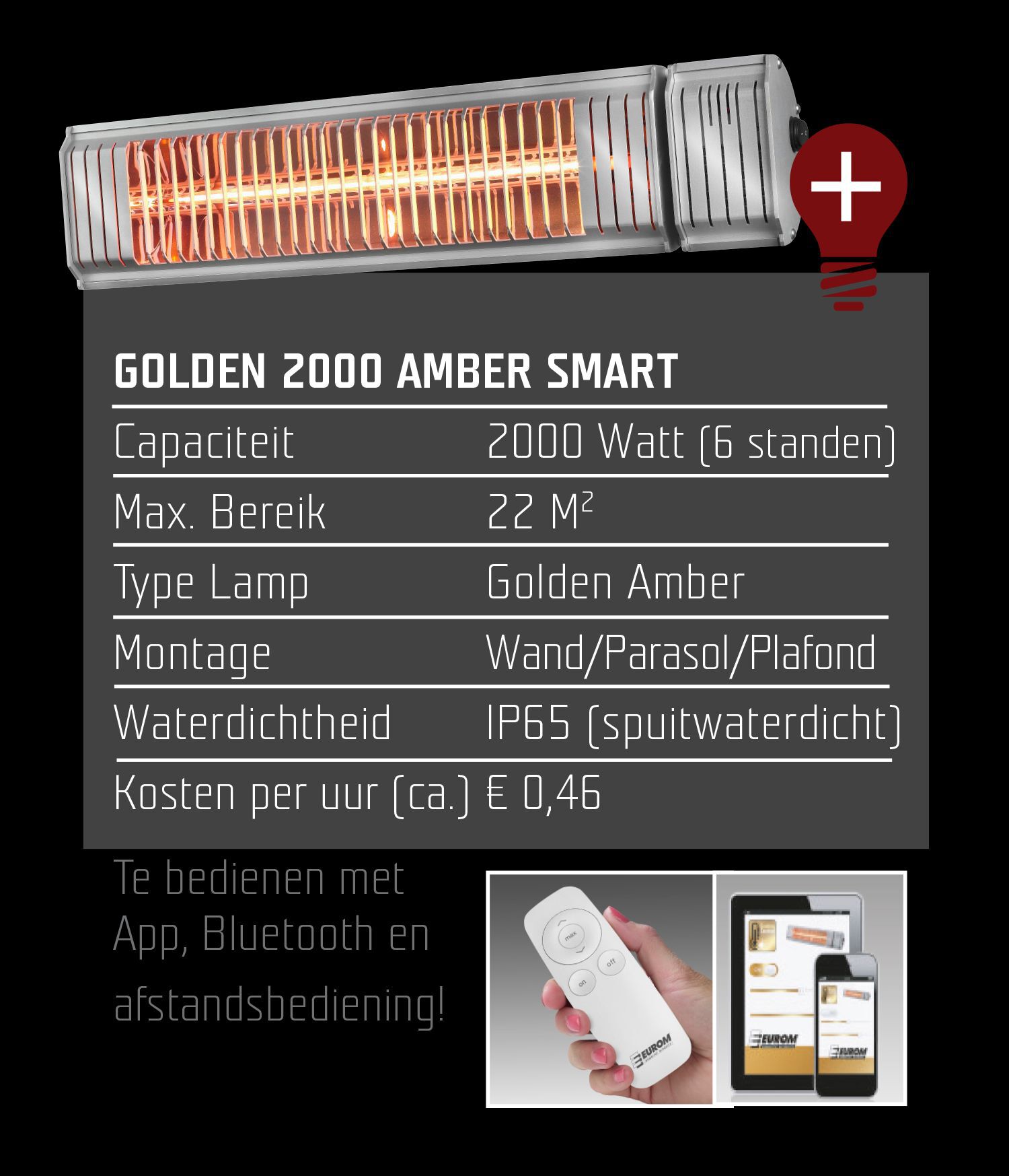 Eurom Gold 2000 AMB - Hangende terrasverwarmer - Grijs - 2000 W