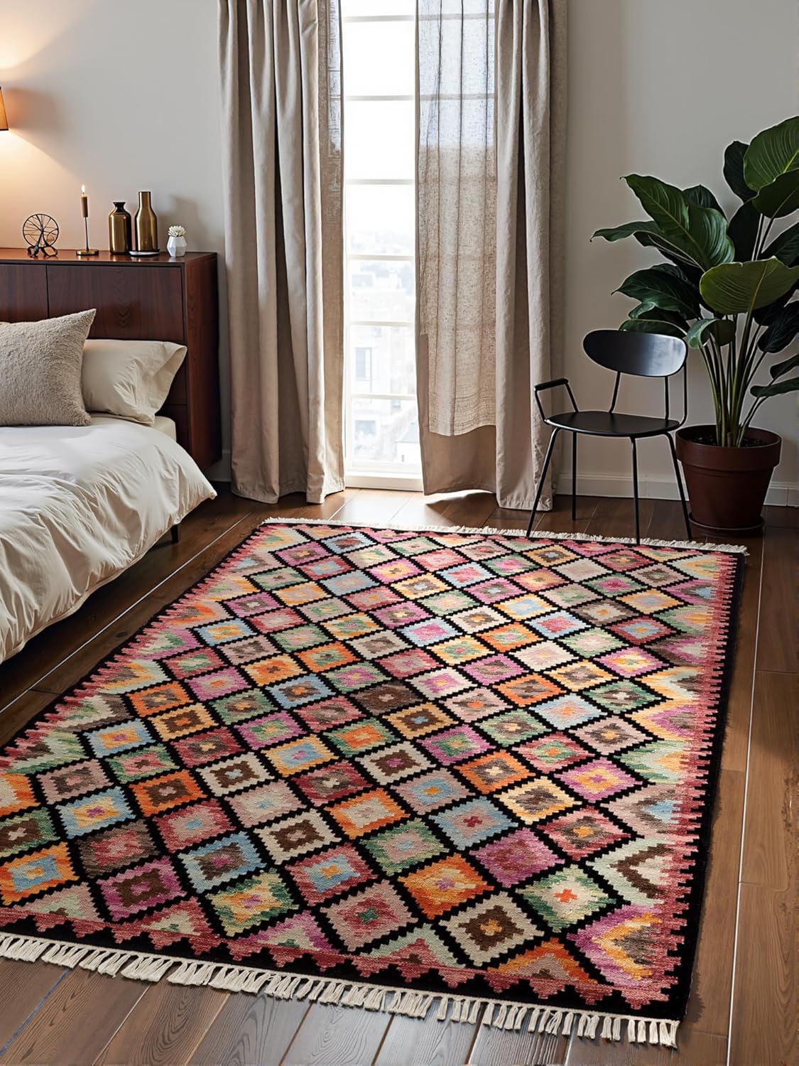 Hanse Home Afghan Kelim Teppich Zara - Bunter Traditioneller Teppich Handgewebt, Wolle & Baumwolle, Afghanischer Stil Oriental mit Fransen für Wohnzimmer, Schlafzimmer - Schwarz Multi, 200x290 cm