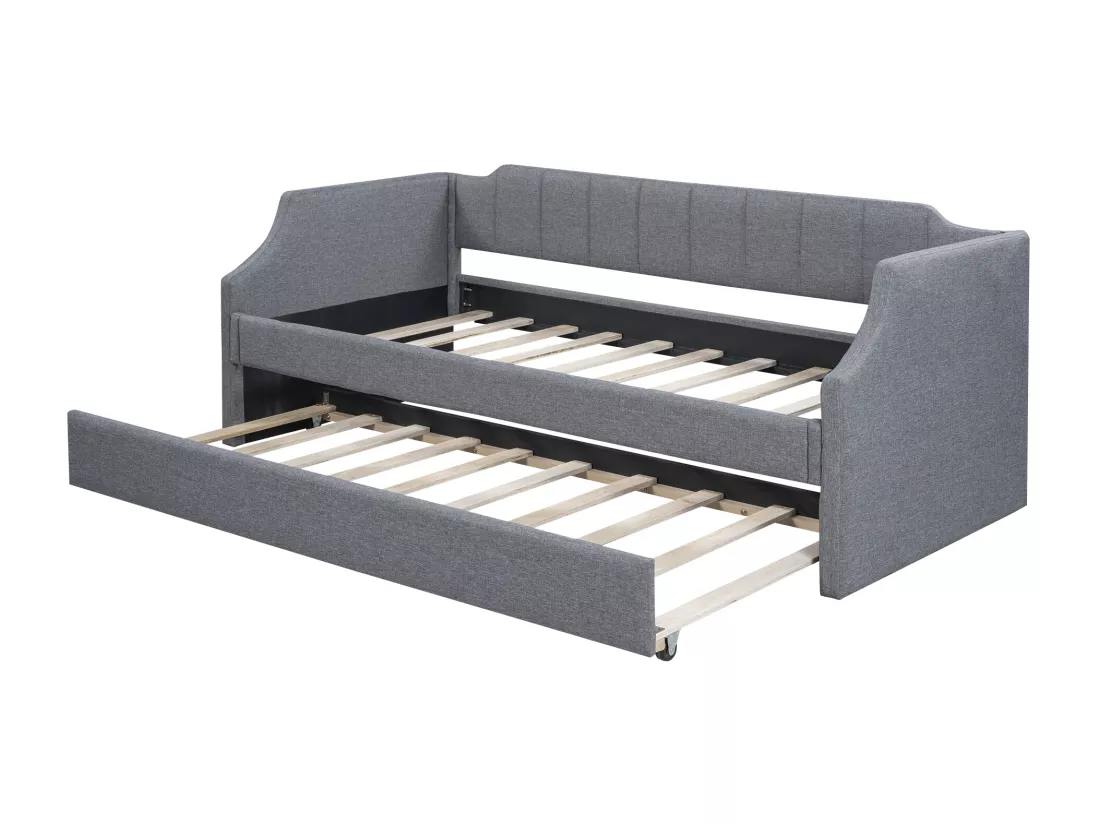 Lit gigogne 90 x 200 cm et 90 x 190 cm - tissu lin - sommier à lattes - coloris gris