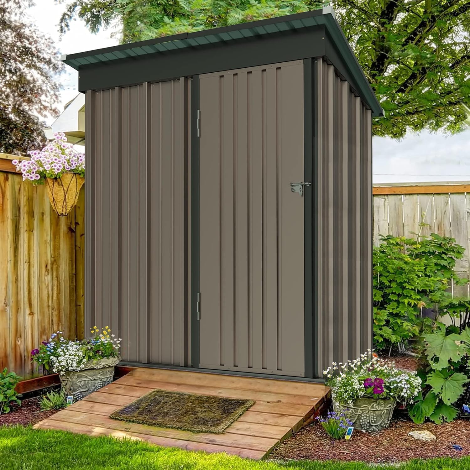UDPATIO Metall Gartenhaus mit 2.1 m³, Pultdach - 162 x 92 x 180 cm für den Außenbereich, Geräteschuppen, Fahrradgarage, Verzinkter Stahl mit Abschließbarer Tür für Hinterhof,Braun