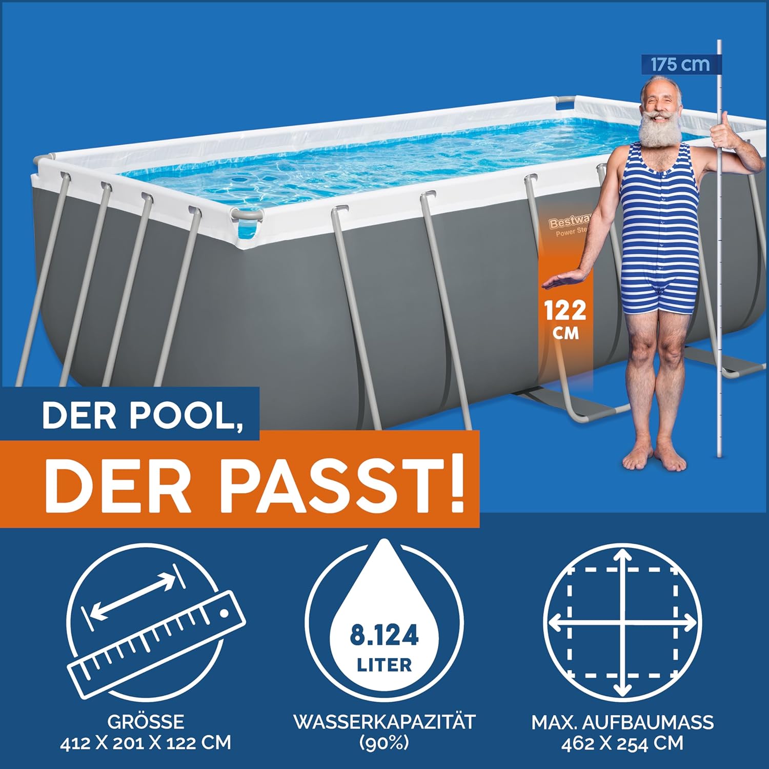 Bestway Power Steel Frame Pool Set mit Filterpumpe 412 x 201 x 122 cm, grau, eckig