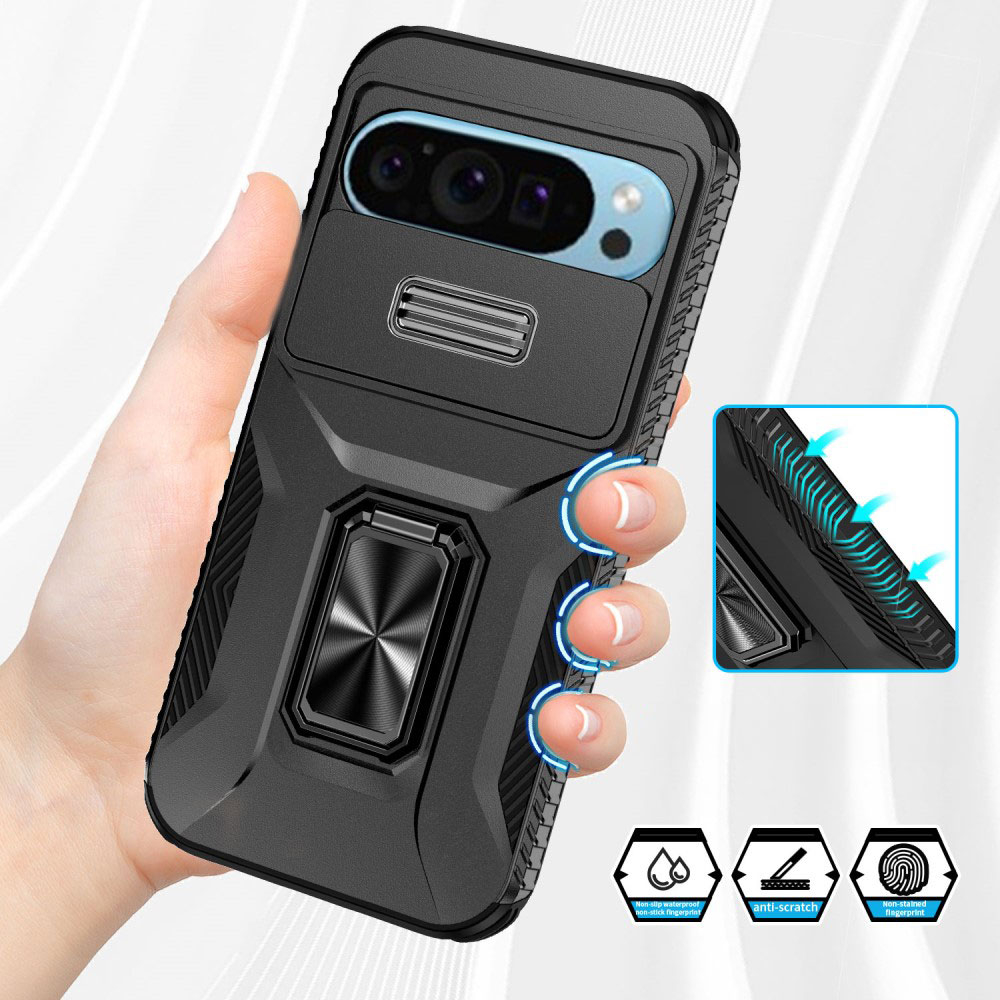 Google Pixel 9 / Pixel 9 Pro Hybrid Outdoor Hardcase Hülle mit Cam-Slider   Magnetischer Kickstand - Schwarz