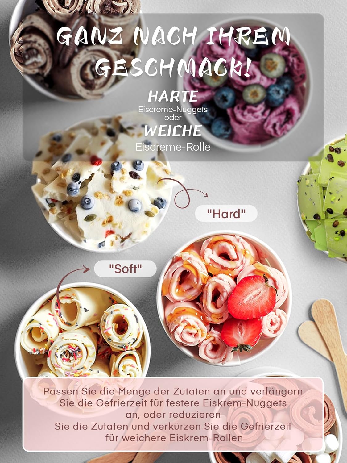 Selbstkühlende Roll-Eismaschine für Zuhause mit Kompressor, Soft Eis in nur 3 Mins, One-Touch Bedienung, Vielfältige Sortenwechsel, Gesunde Selbstgemachte Ice Cream Rolls, Rezept, 2 Spachteln, FOHERE