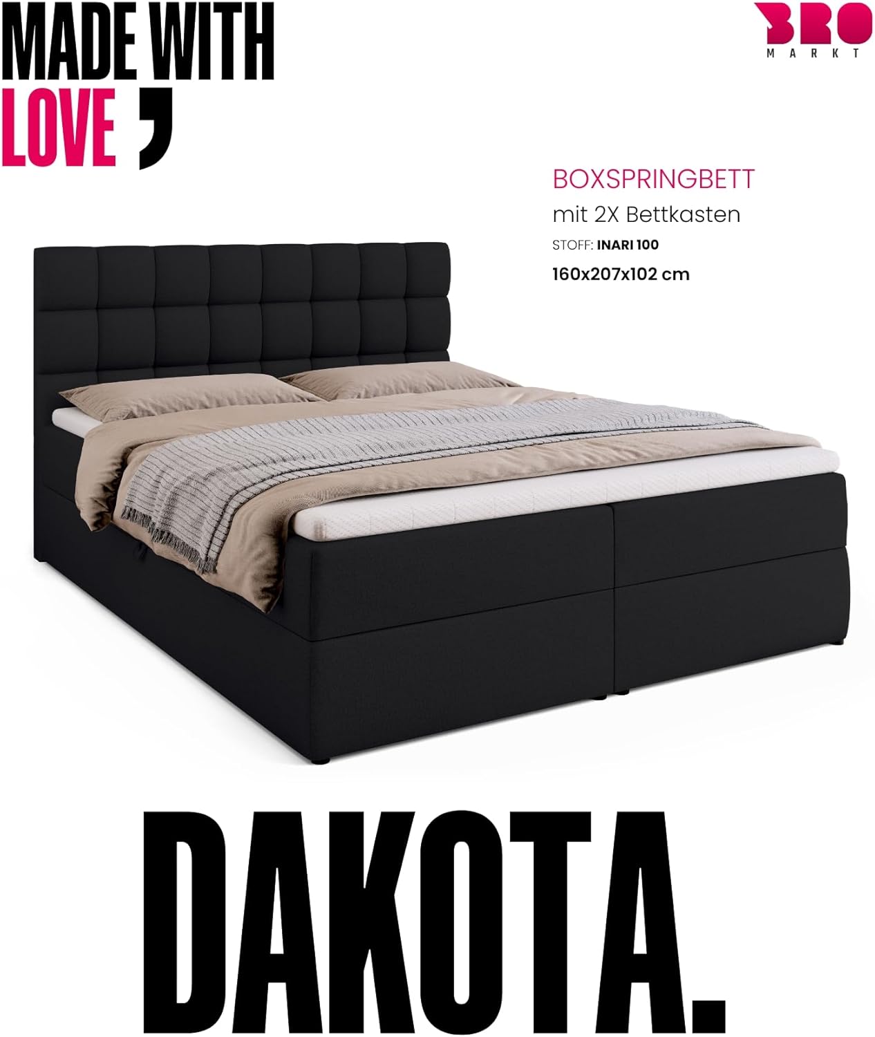 BROMARKT Boxspringbett mit Bettkasten Polsterbett mit Bonell-Matratze und Topper Bett für Schlafzimmer gepolstertes Kopfteil Dakota bonellfedern 160x200 Härtegrad H3 Schwarz