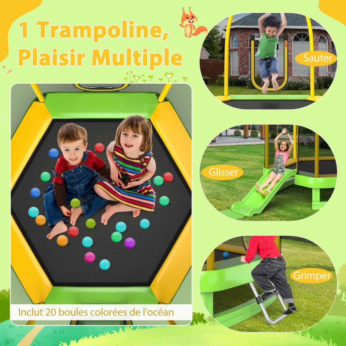 Trampoline Extérieur Ø 223cm avec Toboggan&Echelle avec Filet de Sécurité 2 Portes en U Charge 270kg pour 2-3 Enfants de 3 Ans+ Bleu/Vert