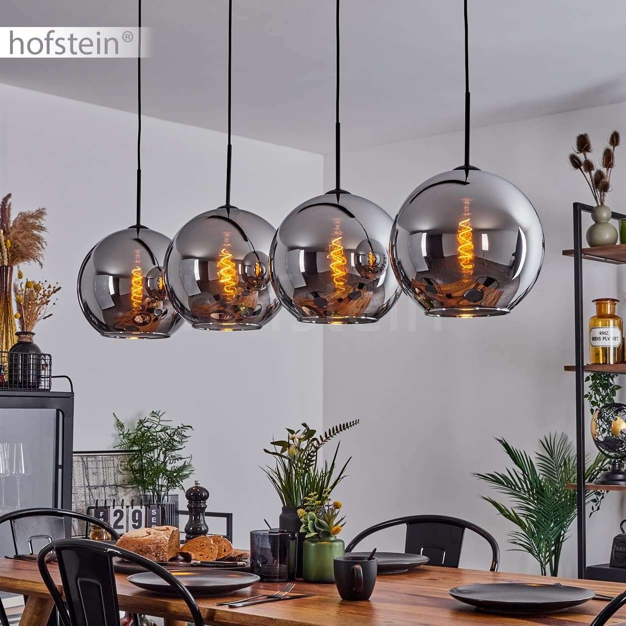 Hängeleuchte Koyoto, Hängelampe aus Metall/Glas in Schwarz/Chromfarben, Leuchte 4-flammig im Vintage/Retro Design mit Schirmen aus Glas (Ø 30 cm), Höhe max. 152 cm, 4 x E27, ohne Leuchtmittel