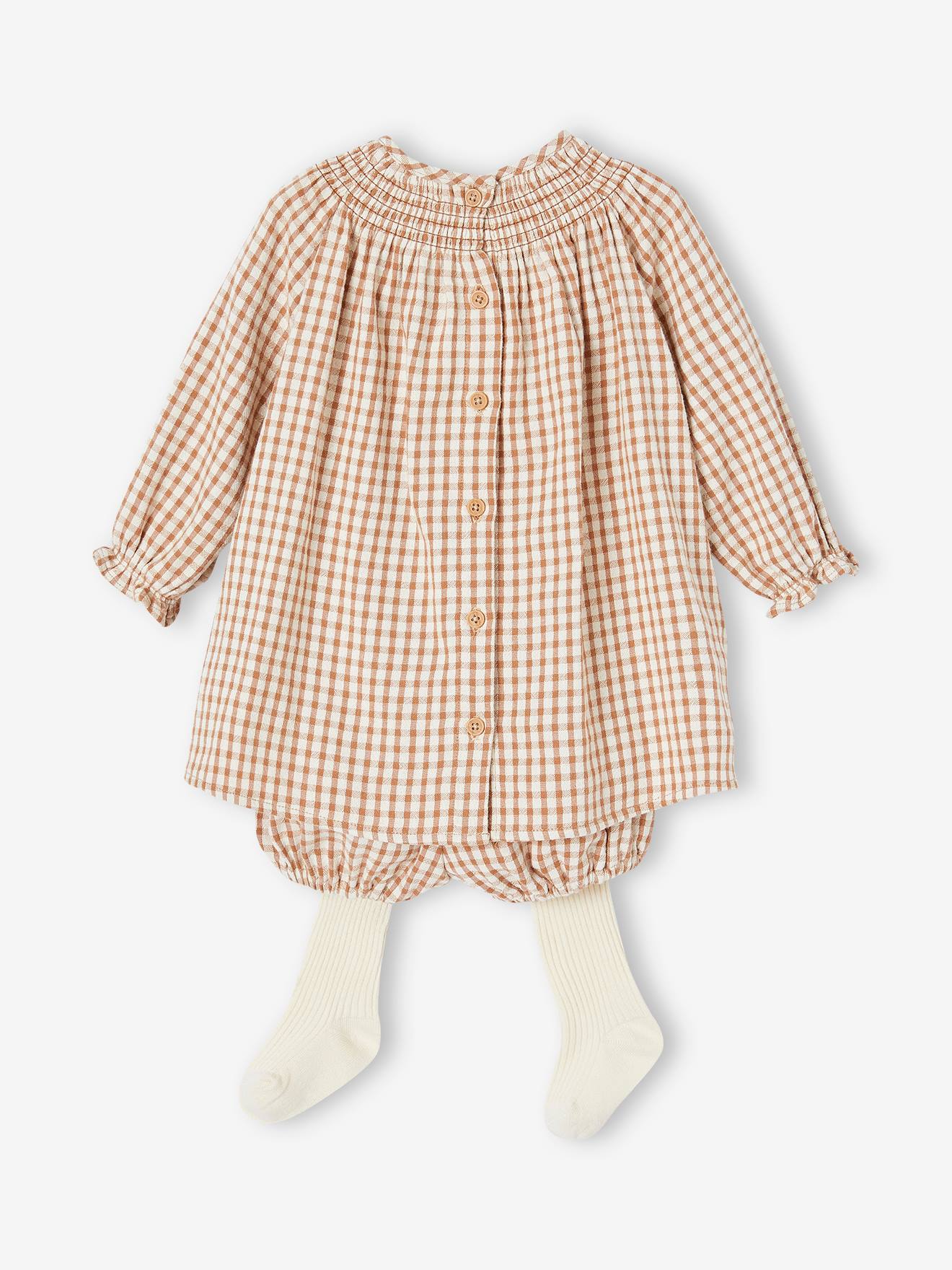 Conjunto de roupa de bebê de 3 peças: vestido, calcinha e meia-calça cor de noz-pecã.