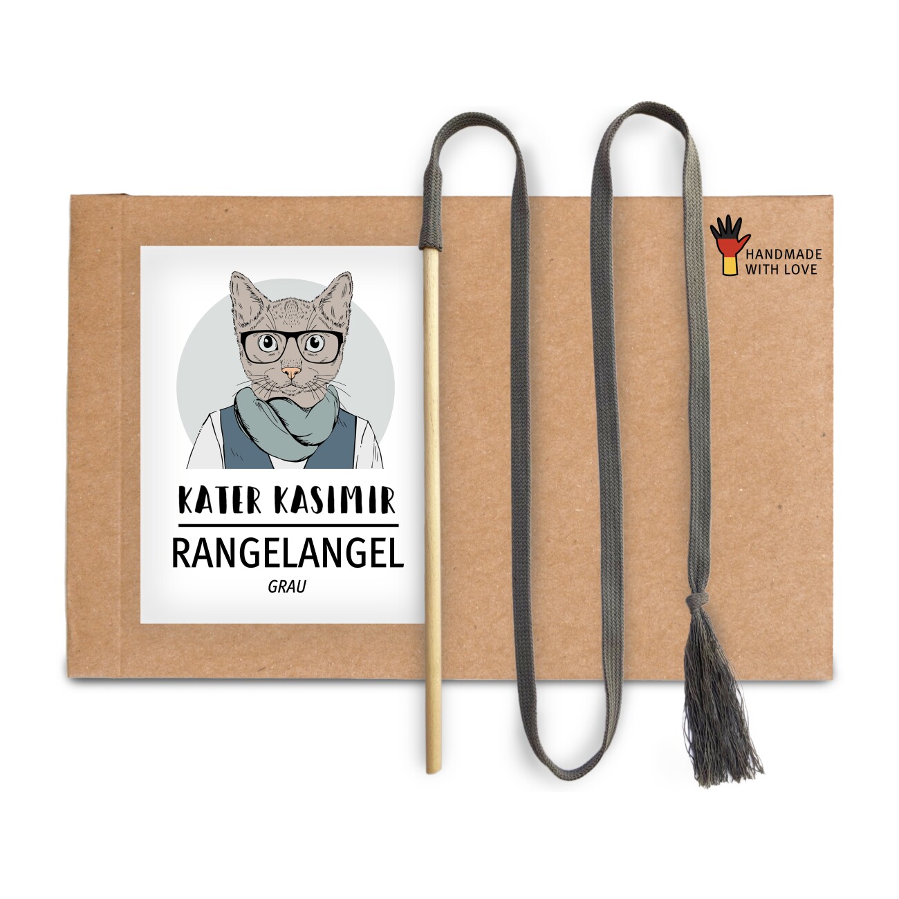 Kater Kasimir RANGELANGEL - Die natürliche Spielangel für Katzen, mit grauem Baumwollband und Buchenholzstab