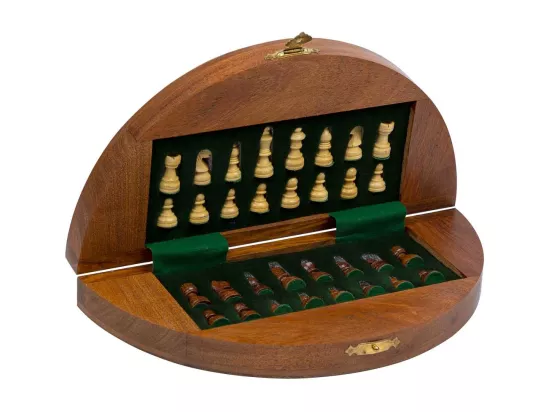 Échecs magnétiques avec boîte semi-ronde en bois marron d23x2h