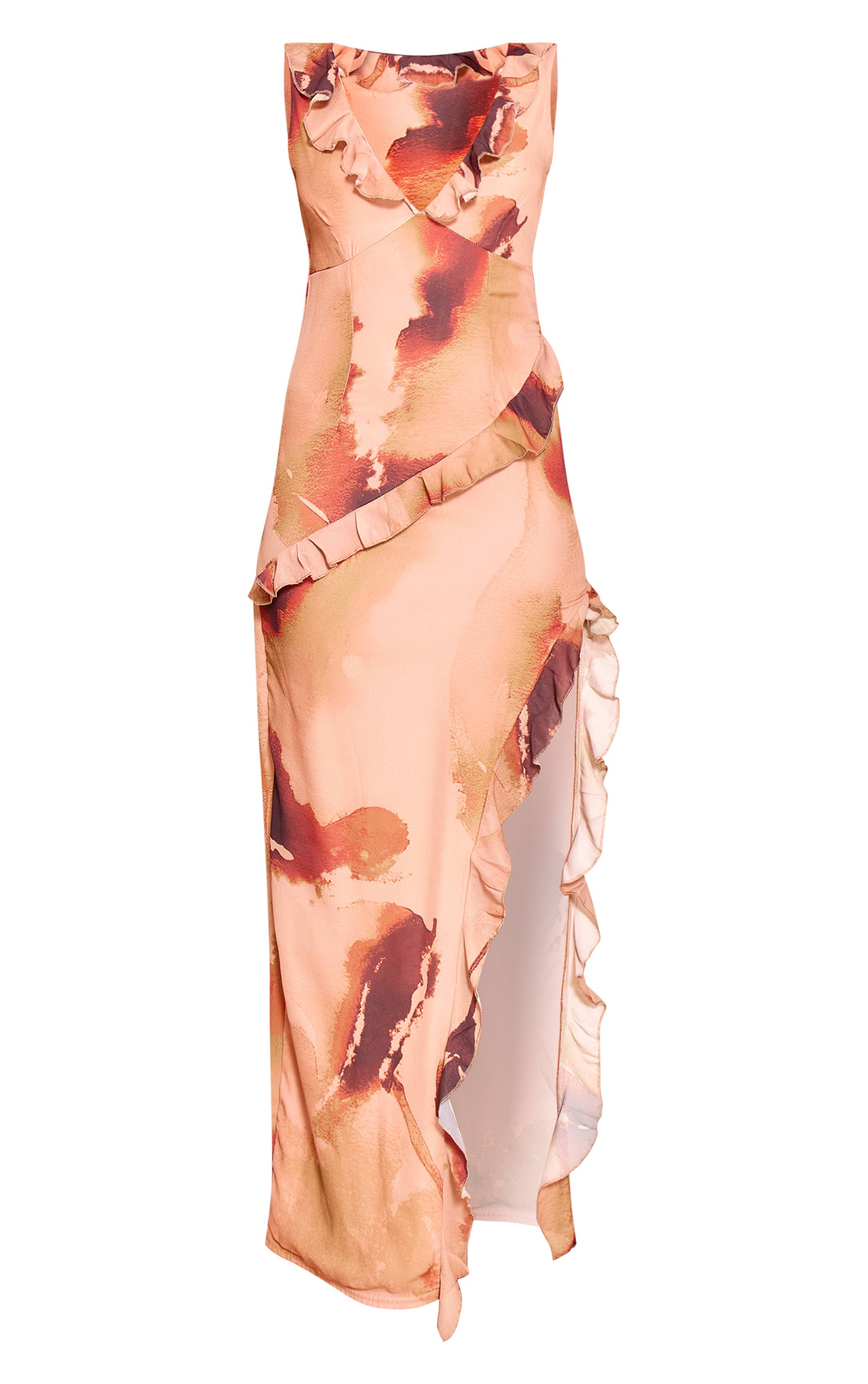 Chocolat Robe Maxi À Fleurs Asymétrique Avec Volants Et Fente
