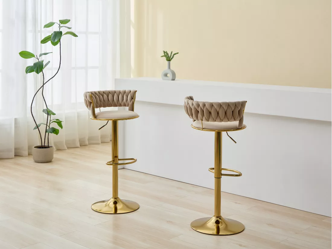 Lot de 2 tabourets de bar en velours et métal doré - Hauteur réglable - Beige - LOMYA