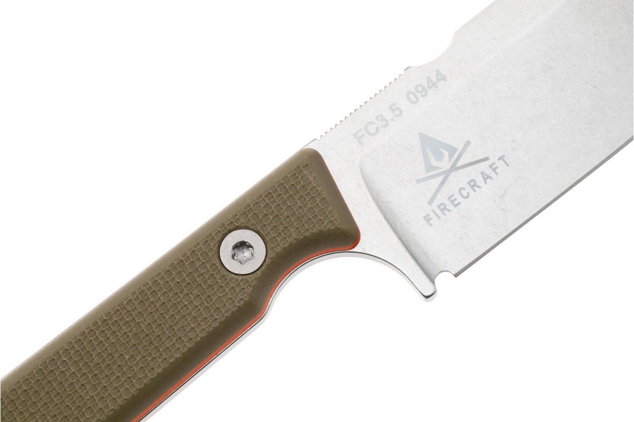White River Firecraft 3.5 Pro, Stonewashed Magnacut, Green G10, survivalmes, Kydex schede met firesteel